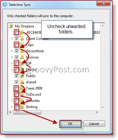 Izbira mape Windows Selective Sync Dropbox