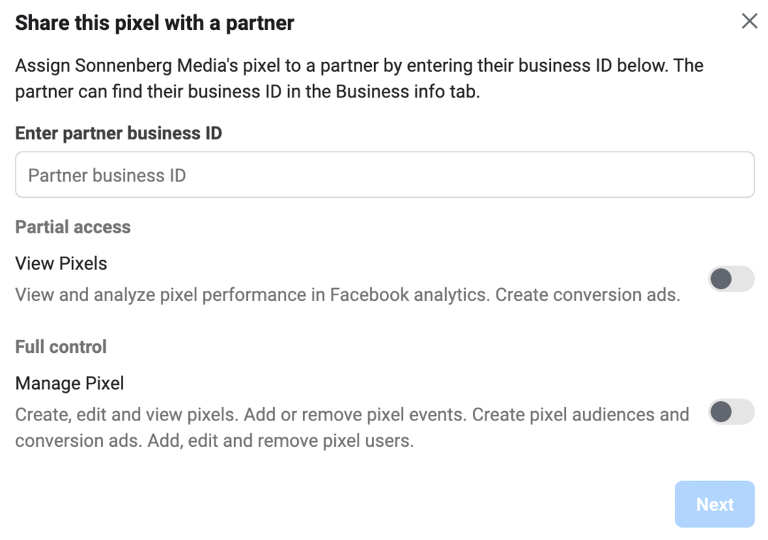 slika zaslona Delite ta pixel s partnerjem v Meta Business Managerju