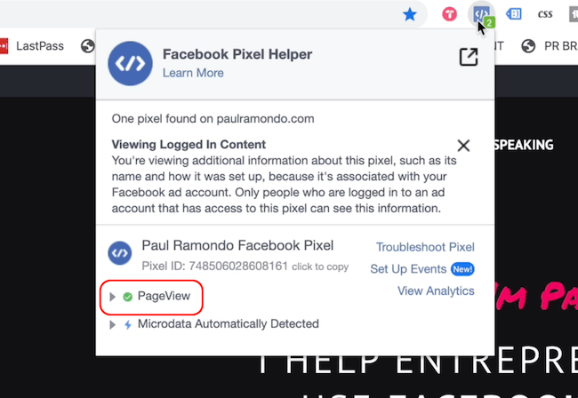 Facebook Pixel Helper prikazuje dogodek Page View