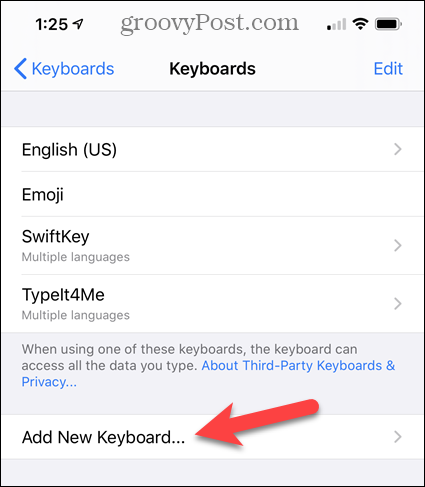 Tapnite Dodaj novo tipkovnico v nastavitvah iPhone