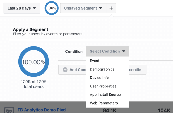 Možnosti pogojev za vaše segmente v izvornih skupinah dogodkov Facebook Analytics.