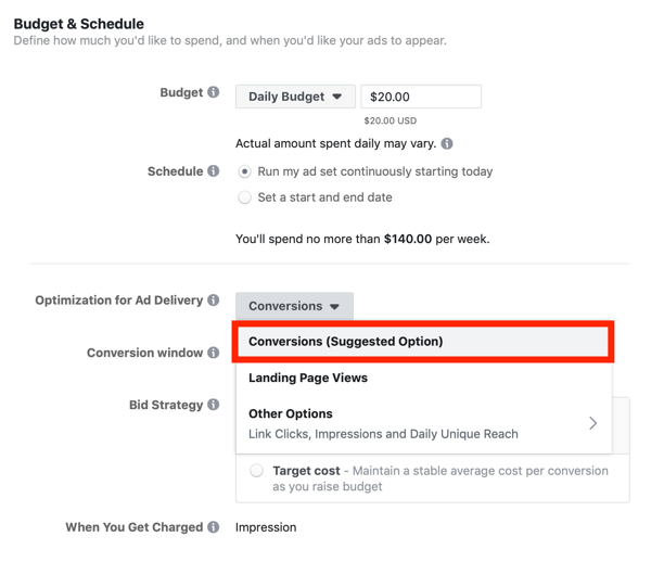 Nasveti za znižanje stroškov oglaševanja na Facebooku, možnost optimizacije prikazovanja oglasov za konverzije