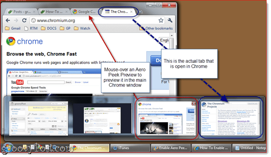 Omogoči Aero Peek v vseh zavihkih Google Chrome "