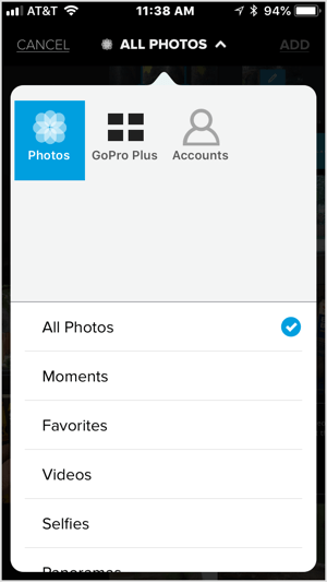 Dotaknite se ikone + in izberite videoposnetek ali pet ali več slik, ki jih želite uvoziti v Quik.