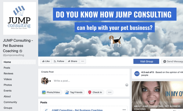 Kako uporabljati funkcije Facebook skupin, primer Facebook strani za JUMP Consulting