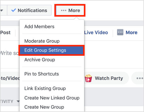 V zgornji vrstici Facebook skupine kliknite gumb Več in izberite Uredi nastavitve skupine.