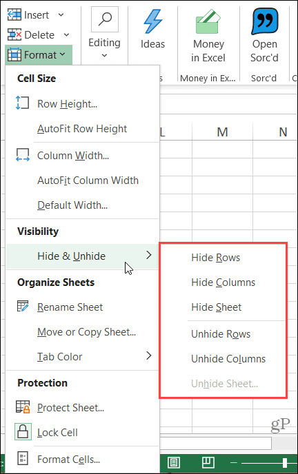 Skrij trak stolpca v Excelu v sistemu Windows