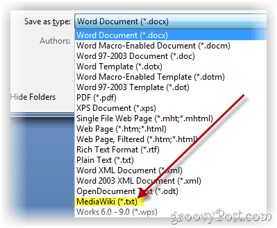 Wordov dokument shranite kot besedilo, oblikovano v mediawiki
