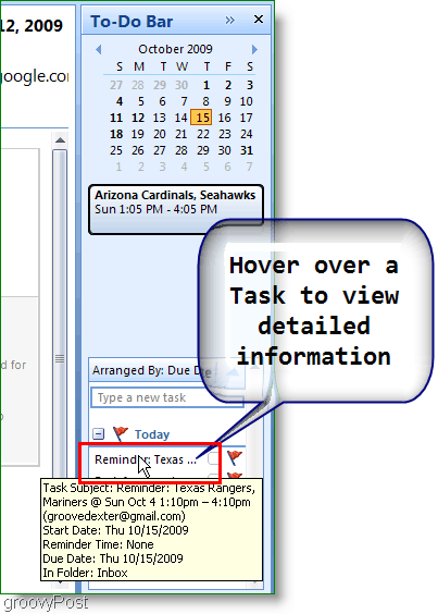 Vrstica opravil Outlook 2007 - za več podrobnosti premaknite miškin kazalec nad element