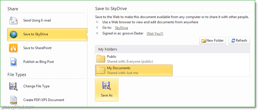 kako shranim datoteko v Office 2010 skydrive