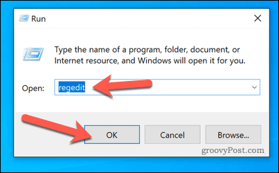Zagon programa Regedit z uporabo programa Run v sistemu Windows 10