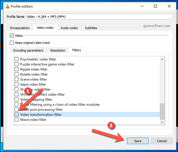Dodajanje rotacijskega filtra videoposnetku VLC v sistemu Windows