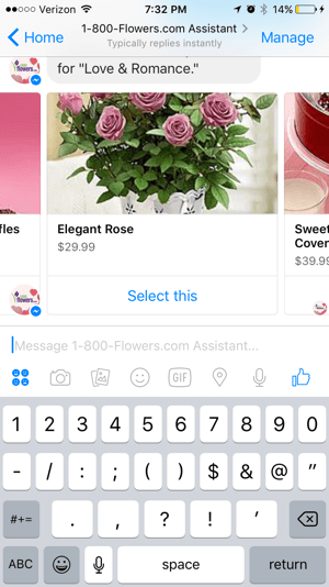 Kupci lahko enostavno brskajo in izbirajo izdelke v chatbotu 1-800-Flowers.
