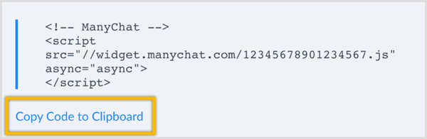 ManyChat kopira kodo v odložišče