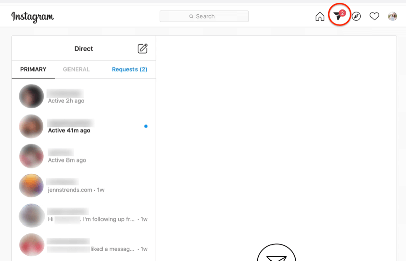 posnetek zaslona nadzorne plošče neposrednih sporočil instagrama z označeno ikono papir-letalo