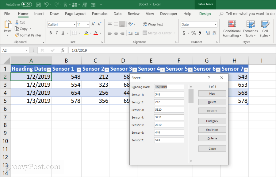 obrazec za vnos podatkov v Excelu