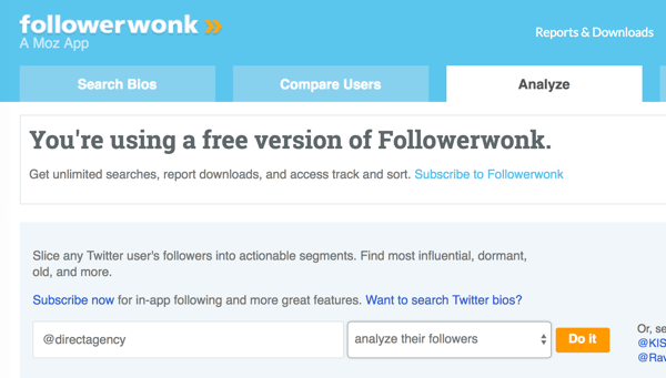 Izberite račun Twitter, ki ga želite analizirati s Followerwonk.