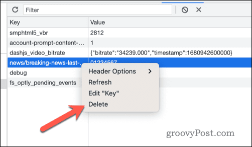 Izbrišite vrednosti ključev lokalnega pomnilnika v orodjih za razvijalce Google Chrome