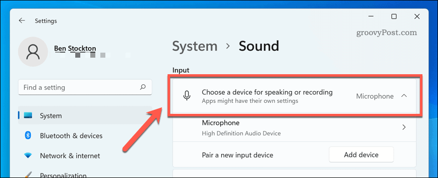 Izbira naprave za vnos zvoka v sistemu Windows 11