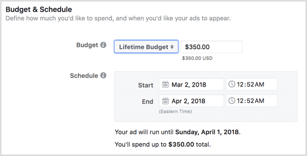Izberite življenjski proračun za svoje oglase.