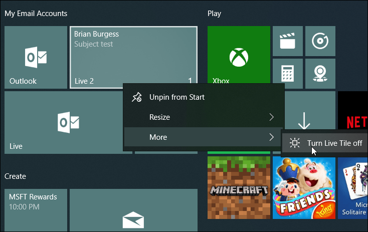 Razporedite ploščice Live Mail Windows 10 Start