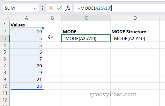 Primer formule MODE v Excelu