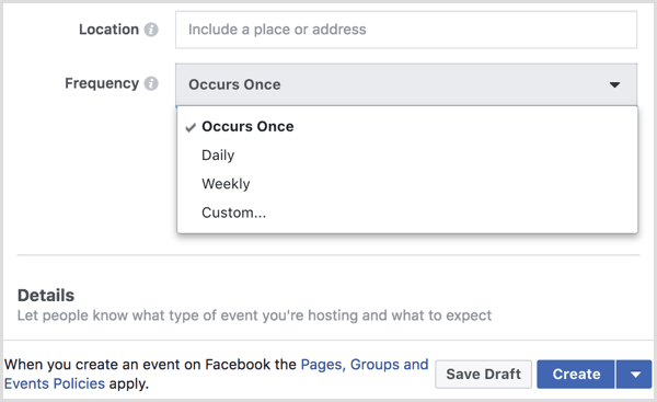 izberite interval v meniju Frekvenca, da ustvarite ponavljajoči se dogodek s Facebook stranjo