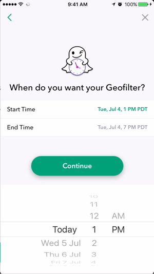 Izberite datum in uro, da bo vaš geopilter Snapchat aktiven.