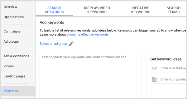 Google Adwords doda ključne besede v skupino oglasov