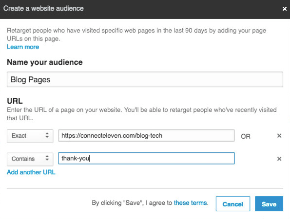 Dodate lahko več URL-jev za ponovno ciljanje z ujemanimi ciljnimi skupinami LinkedIn.