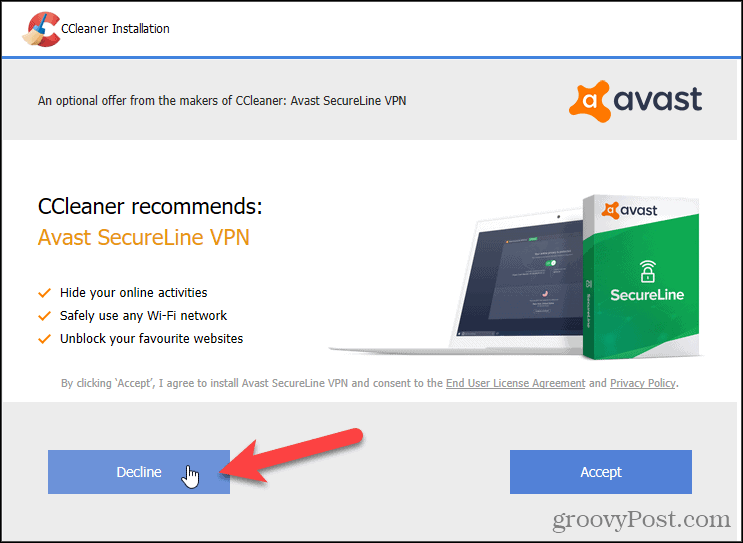 Zavrni Avast VPN v CCleanerju