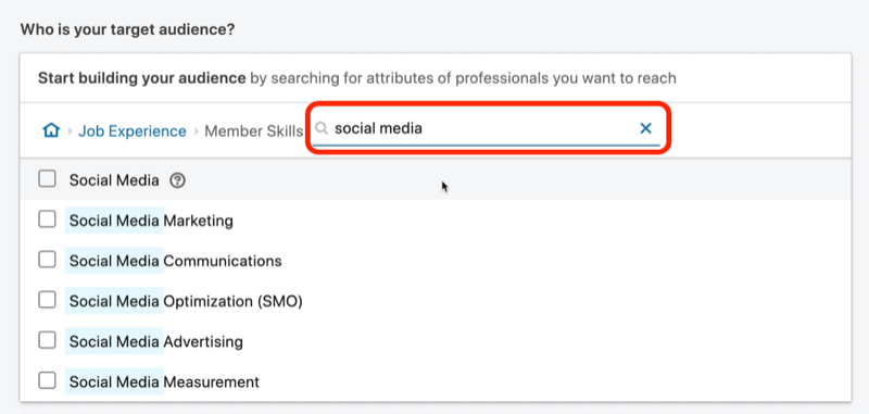 posnetek zaslona rezultatov iskanja za spretnosti članov družbenih omrežij na LinkedInu
