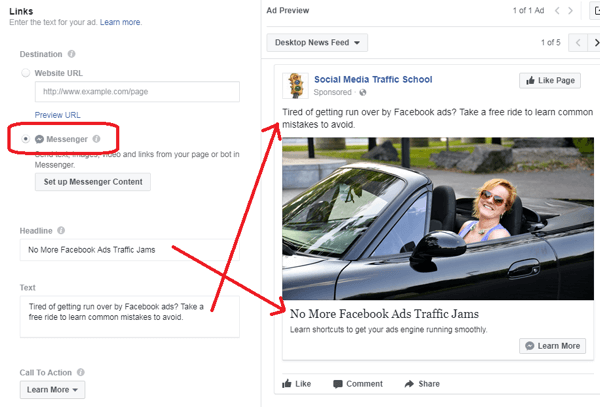Ko izberete cilj za svoj oglas Facebook Messenger, izpolnite druge podrobnosti oglasa.
