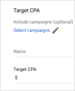 To je posnetek zaslona možnosti ciljnega CPA za Google Ads. Te možnosti so Vključi oglaševalske akcije (neobvezno), Izberi oglaševalske akcije, Ime, Ciljni CPA (z besedilnim poljem za vnos vrednosti). Mike Rhodes pravi, da možnosti pametnih ponudb Google Ads, kot je ciljni CPA, uporabljajo umetno inteligenco za upravljanje ponudb.