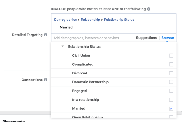 Možnosti demografskega ciljanja za vodilno oglaševalsko akcijo Facebook.