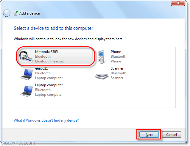 kliknite svojo napravo Bluetooth v sistemu Windows 7 dodajte čarovnika in kliknite naprej