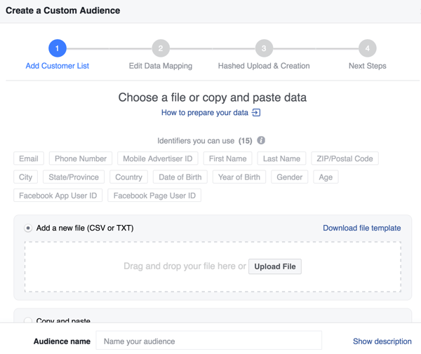 Ko na svojem e-poštnem seznamu ustvarite Facebook ciljno skupino po meri, lahko stopnjo ujemanja izboljšate z dodatnimi identifikatorji.