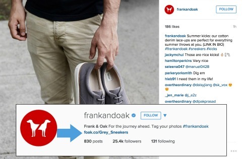Frank in Oak primer dodajanja povezav do vašega biograma Instagram