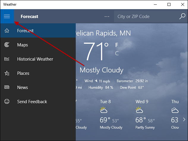 meni za hamburger Windows 10 Weather