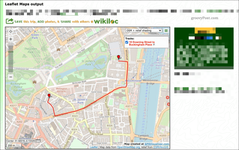Primer zemljevida, ustvarjenega s storitvijo GPS Visualizer