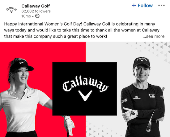 Objava na strani Callaway Golf LinkedIn ob mednarodnem dnevu žena