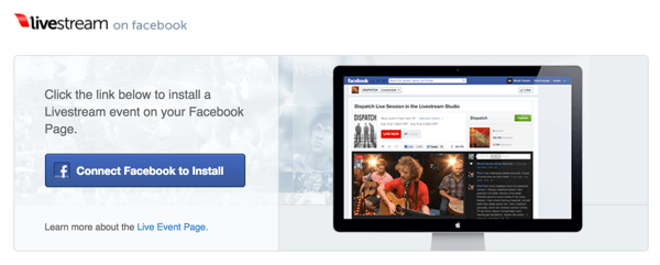 Kliknite gumb Poveži Facebook za namestitev, če želite Livestream namestiti na svojo Facebook stran.