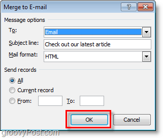 potrdite in kliknite OK, da pošljete množično e-poštno prilagojeno e-pošto