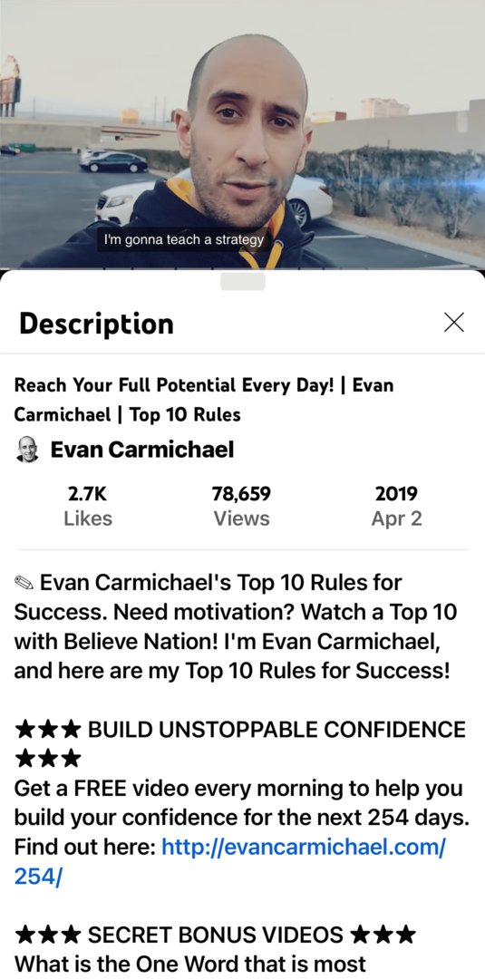 slika videoposnetka Evana Carmichaela v YouTubu in opis v mobilni aplikaciji