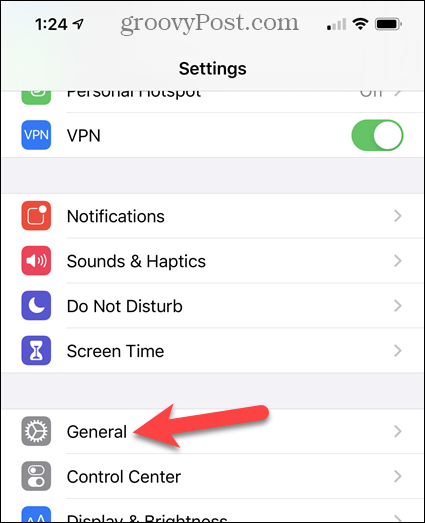 Tapnite Splošno na zaslonu z nastavitvami iPhone