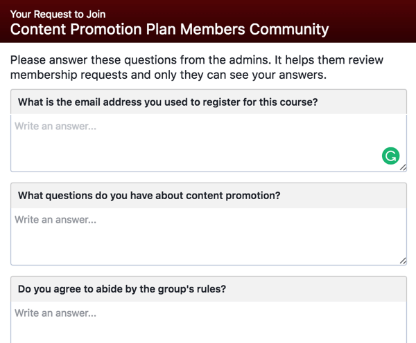 Prosite bodoče člane Facebook skupine, da odgovorijo na kvalificirana vprašanja.