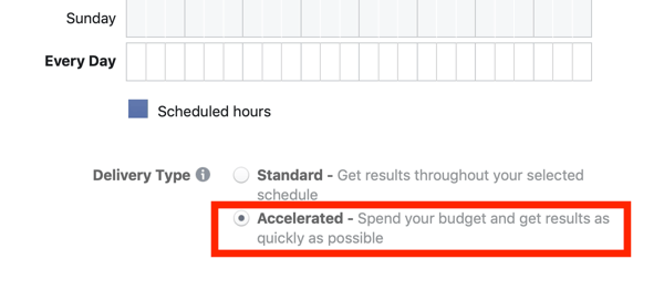 Nasveti za znižanje stroškov oglaševanja na Facebooku, možnost izbire pospešenega prikazovanja za vašo kampanjo