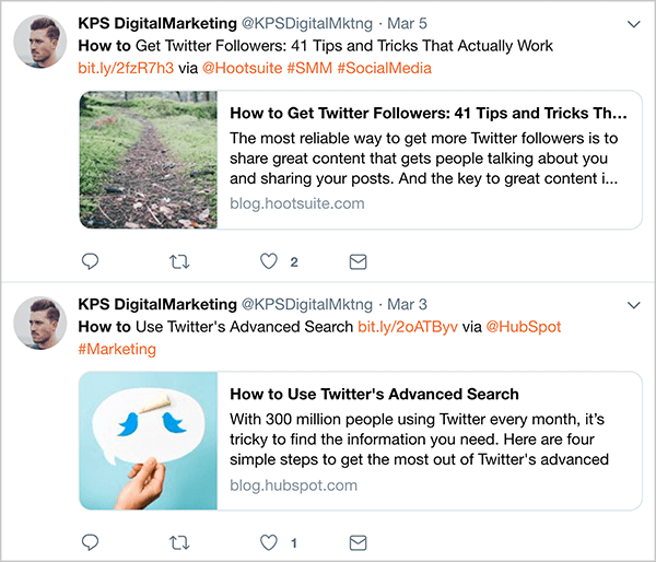 To je posnetek zaslona samodejnih tweetov @KPSDigitalMarketing, objavljenih 3. in 5. marca. Ti tweetovi se pojavijo, preden je Dan Knowlton prenehal avtomatizirati tweete. Tweetovi sledijo formuli, zaradi katere so prepoznavni kot marketinški tweetovi: naslov članka, kratka povezava, beseda "via" ter Twitter-ročaj avtorja članka in nato nekaj hashtagov. Prvi tvit je članek z naslovom "Kako pridobiti sledilce na Twitterju: 41 nasvetov in trikov, ki dejansko delujejo". Drugi je članek z naslovom "Kako uporabiti napredno iskanje v Twitterju".