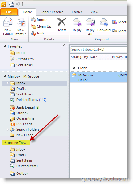 Slika zaslona programa Outlook 2010, kako dodati dodaten nabiralnik