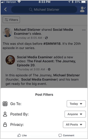 Funkcijo filtra za iskanje po profilu Facebook v divjini našel Mike Stelzner.